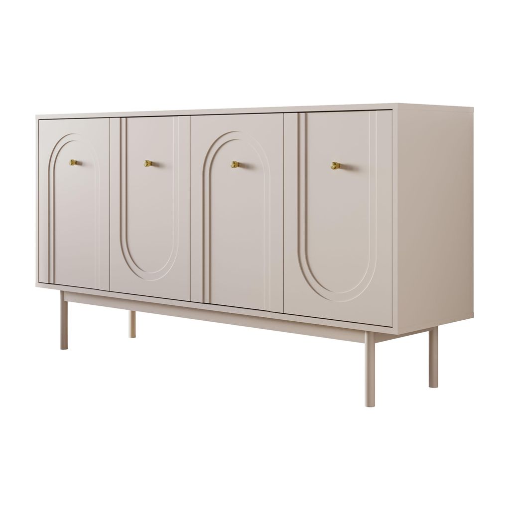 A beige sideboard with four doors and gold handles, standing on wooden legs, isolated on a white background.