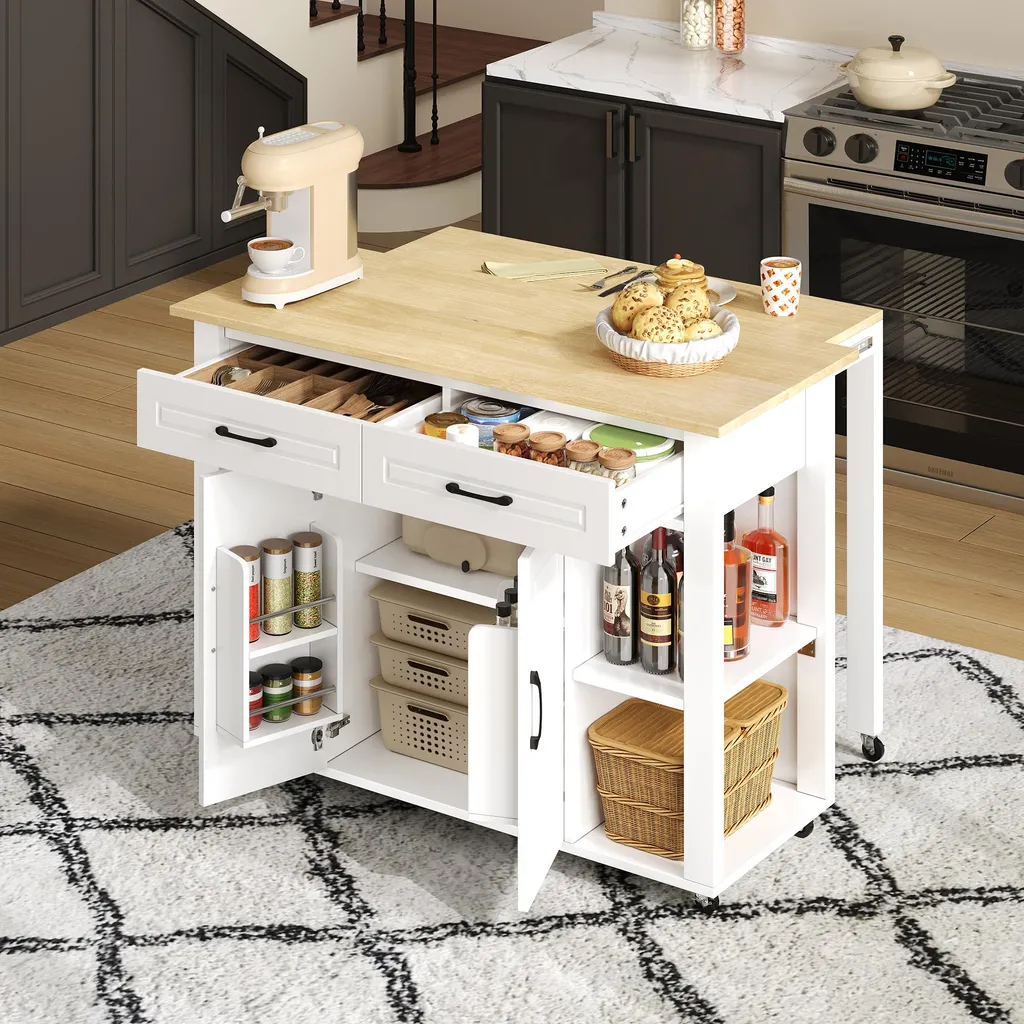 Desserte de Cuisine Mobile avec Buffet de Rangement et Prises USB