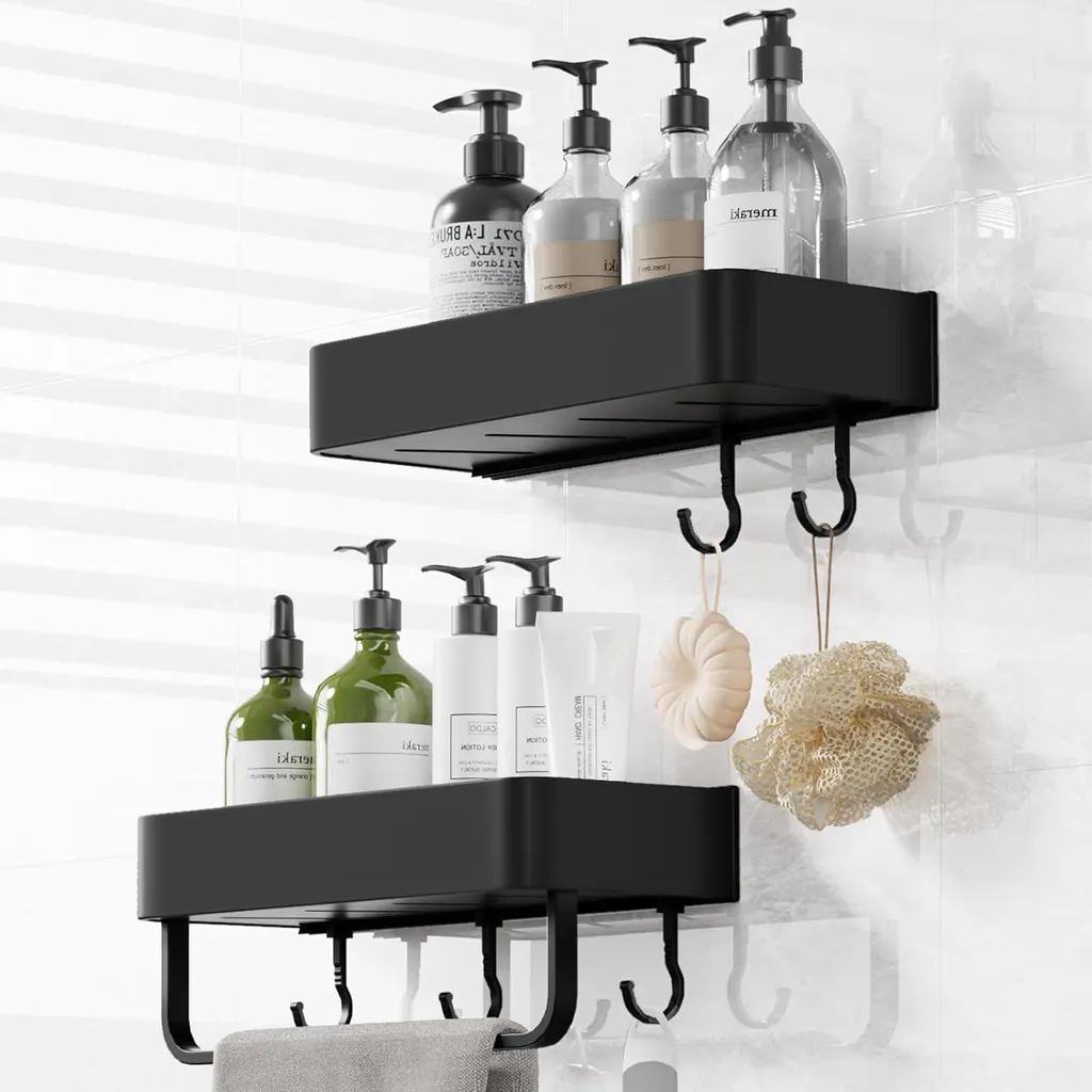 Panier de douche mural en aluminium noir - Serviteur de bain 2 pièces