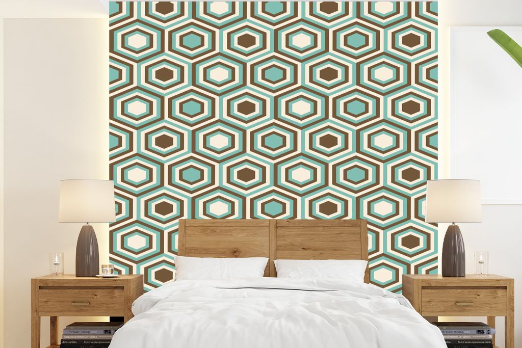 MuchoWow Fototapete für Wohnzimmer oder Schlafzimmer Wandtapete Vinyl Motivtapete Retro - Honigwabe - Blau - Braun - 200x220 cm - Vinyltapeten