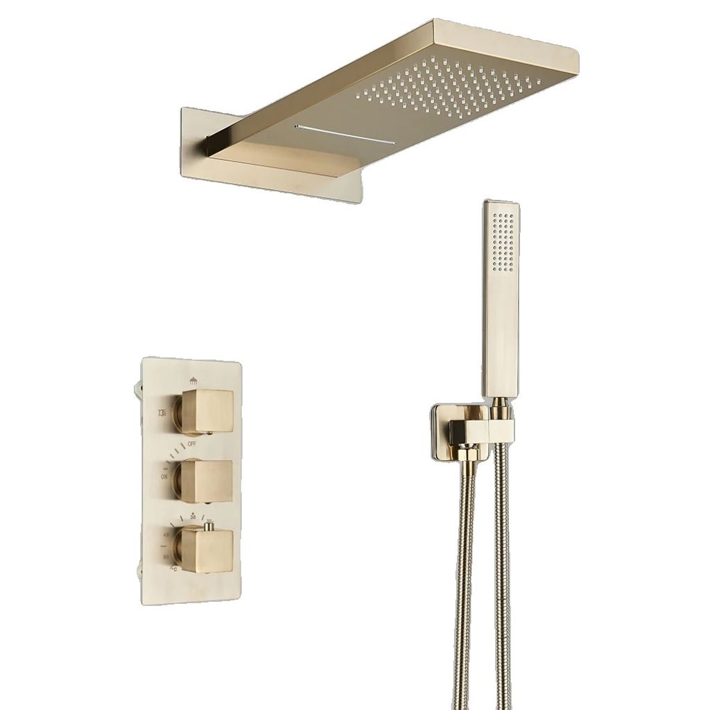 Wandmontiertes Duscharmatur-Set, Thermostatsteuerung, Regenbrause-Erlebnis, Gebürstetes Gold