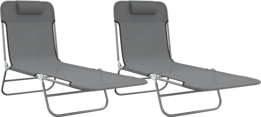 Two grey foldable sun loungers are shown against a white background.