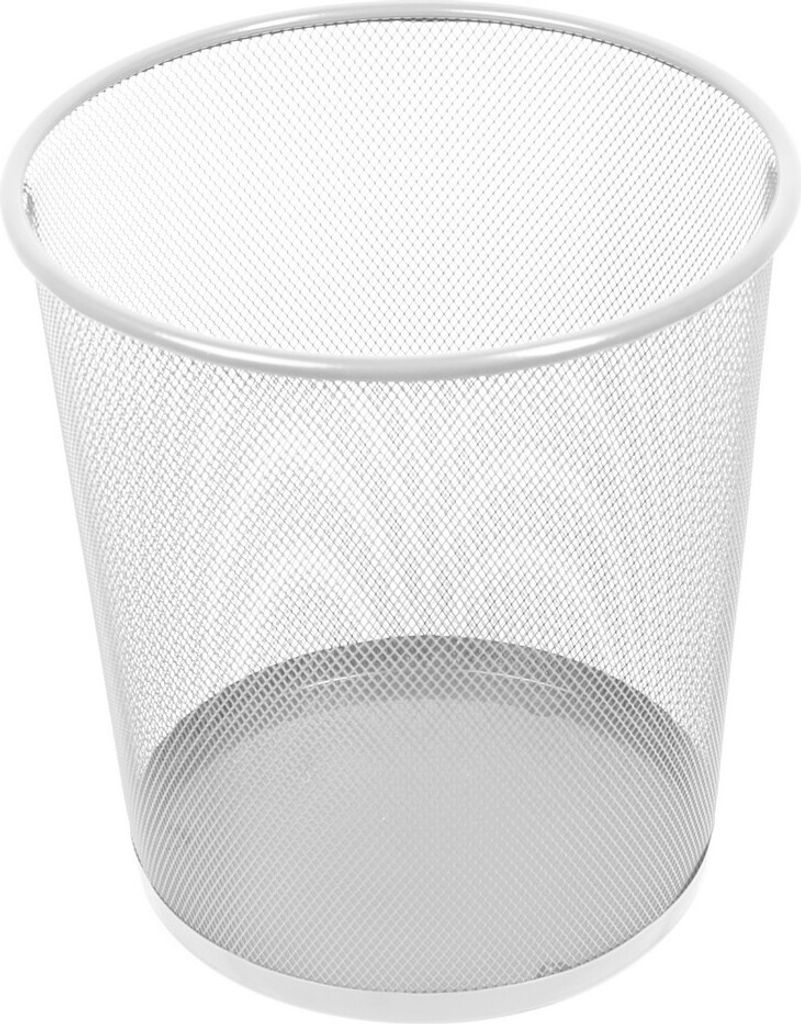 A white mesh waste bin with a solid gray base.