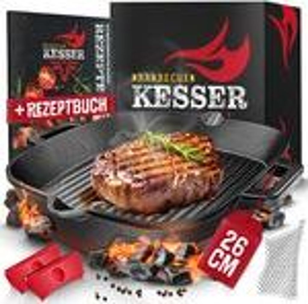 KESSER Gusseisenpfanne | Gusseisen Grillpfane Induktion für Grill & Backofen voreingebrannt | Inkl. Schutzgriffe, Rezeptbuch und Ringreiniger - ...