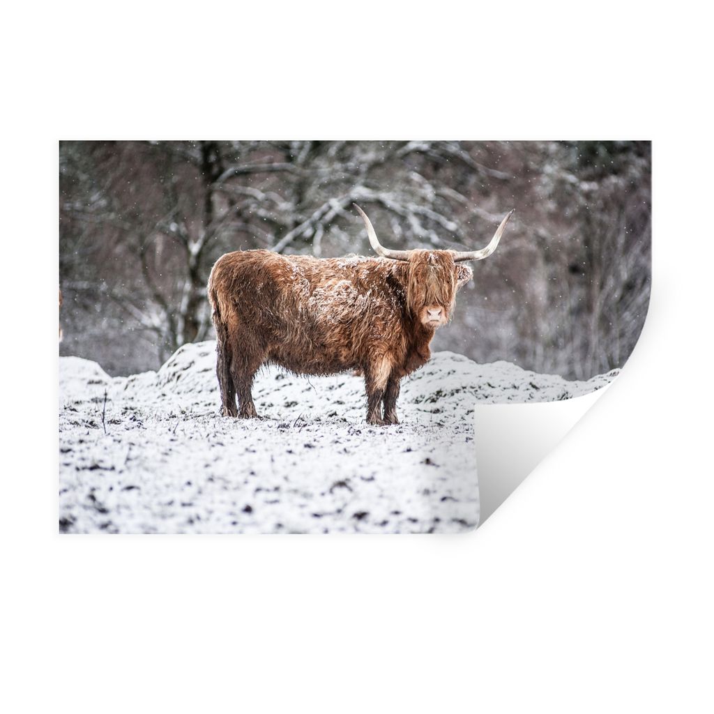 MuchoWow Wandtattoo Wandsticker Wandaufkleber Schottischer Highlander - Baum - Schnee 90x60 cm Selbstklebend und Repositionierbar - Aufkleber