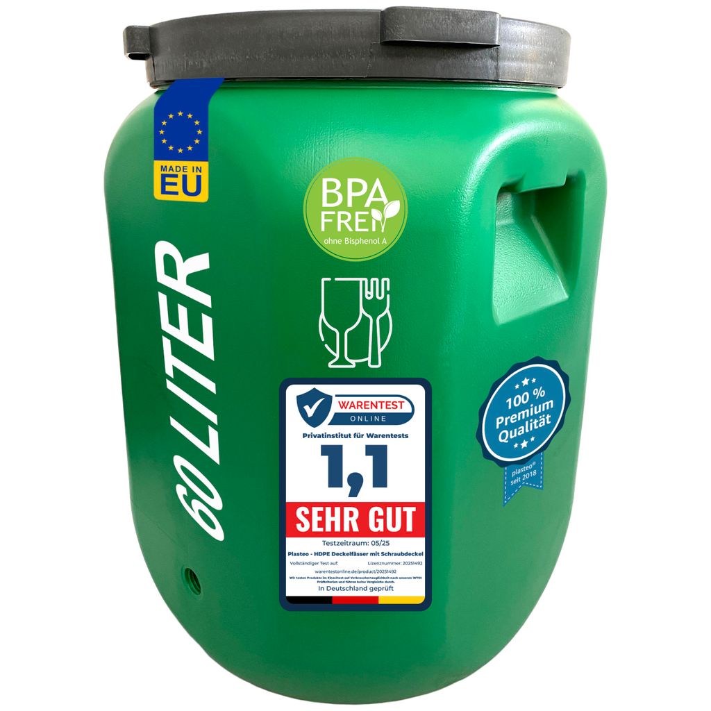 plasteo Weithalsfass 60 L Deckelfass lebensmittelecht – stabiles HDPE Universalfass mit Schraubverschluss, für Futter, Lagerung und Transport, g...