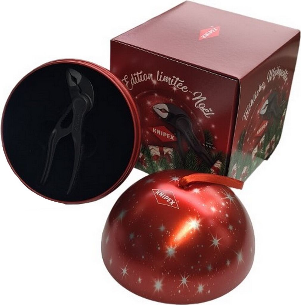 A Christmas-themed gift set featuring Knipex pliers in a decorative tin and box, with a red bauble.