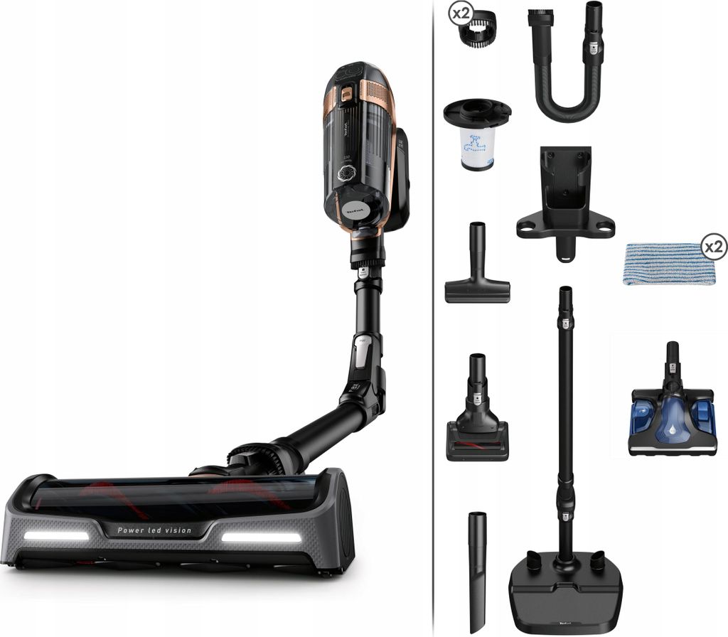 A cordless vacuum cleaner and its accessories are displayed against a white background.