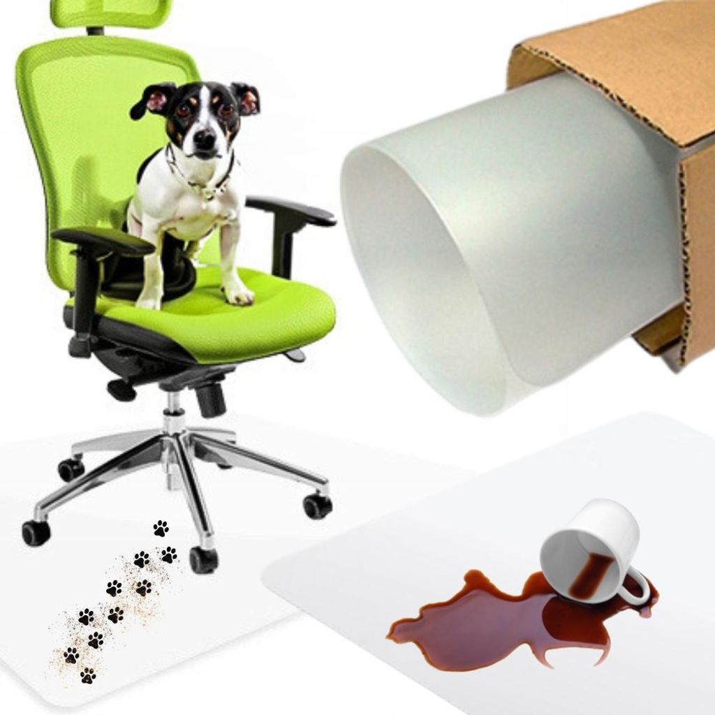 A dog sits on a green office chair, which is placed on a transparent floor mat. A roll of the floor mat is shown in a cardboard box, and a spilled cup of coffee is on another mat.
