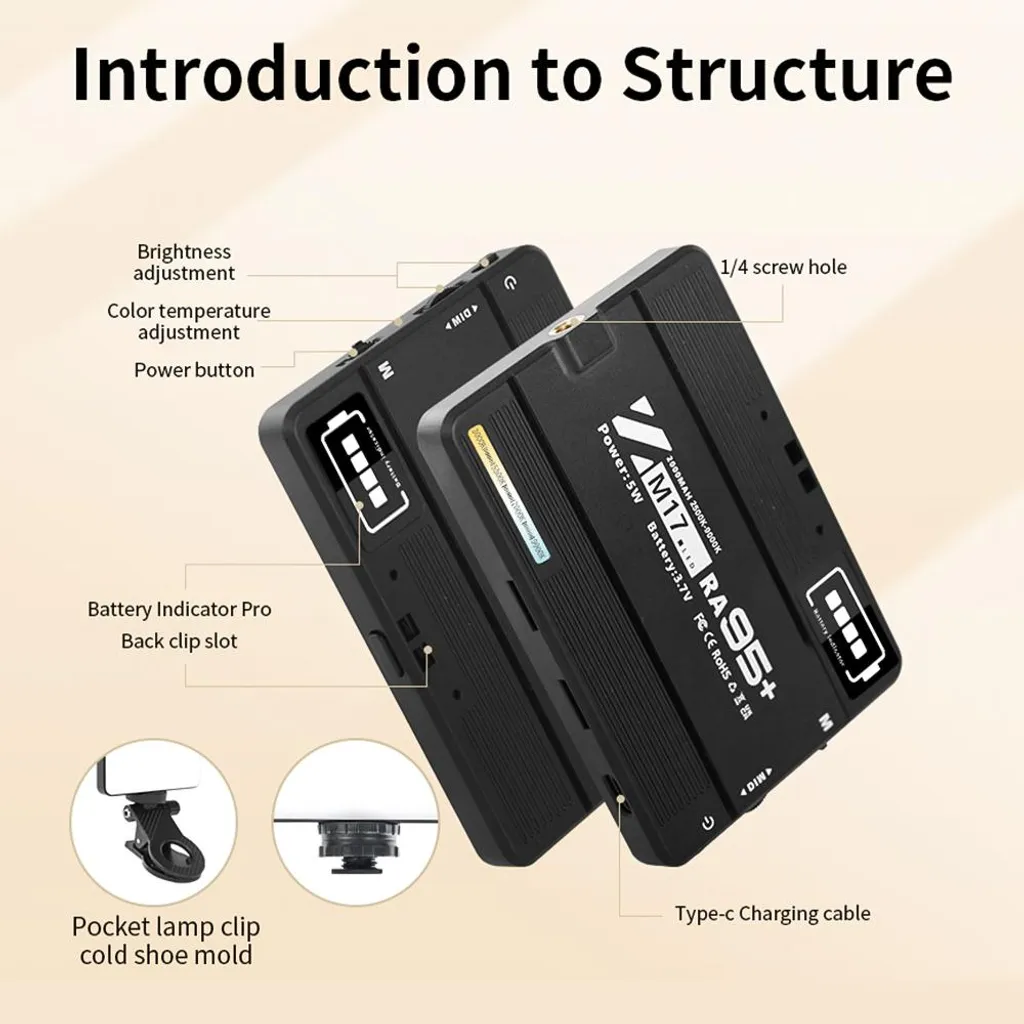 Luce LED tascabile per video, riempimento fotografico, 2500 K-9000 K, dimmerabile, per conferenze, per computer, tablet, cellulare, fotocamera DSLR, batteria ricaricabile integrata con supporto, clip per schermo, adattatore cold shoe - 4