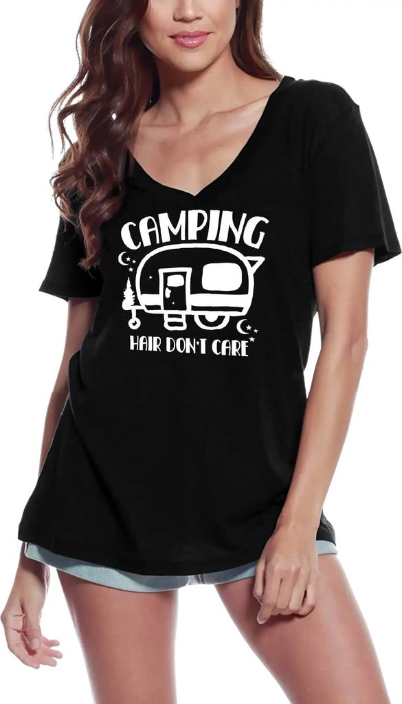 Damen Grafik T-Shirt V-Ausschnitt Campinghaare sind egal - campen – Camping Hair Don't Care - Camp – Öko-Verantwortlich Vintage Jahrgang Kurzarm