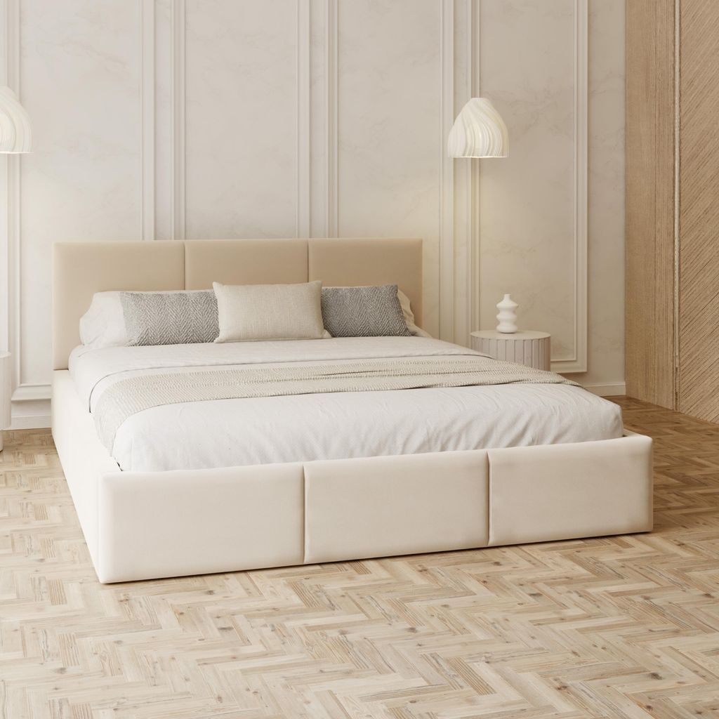 FDM Bett AMBER Trinity 120x200 cm Polsterbett mit Lattenrost aus Metall Bettkasten Stauraumbett Samt creme