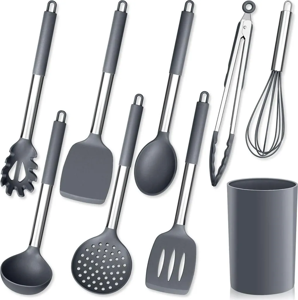 Set di utensili da cucina in silicone 9 pezzi con portautensili Grigio antiaderente Resistente al calore