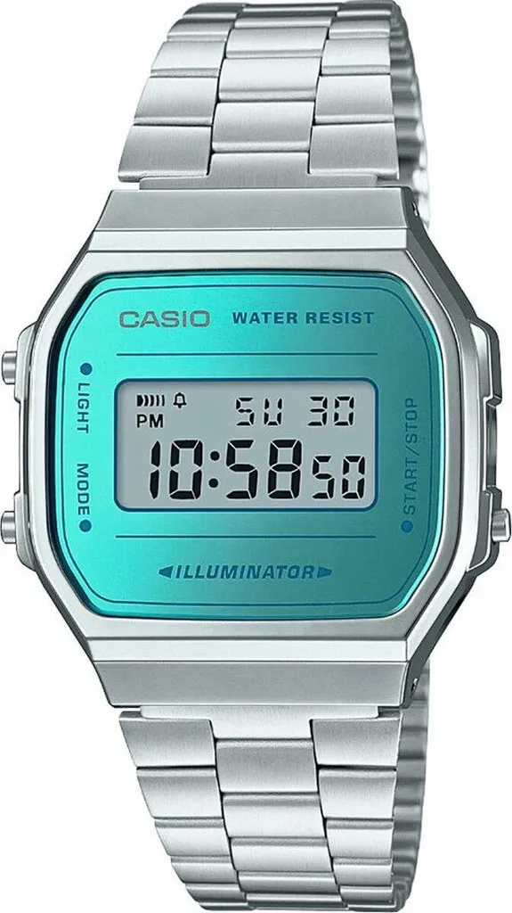 Montre Digitale Homme Argentée Casio Vintage A168WEM-2EF avec Écran Bleu