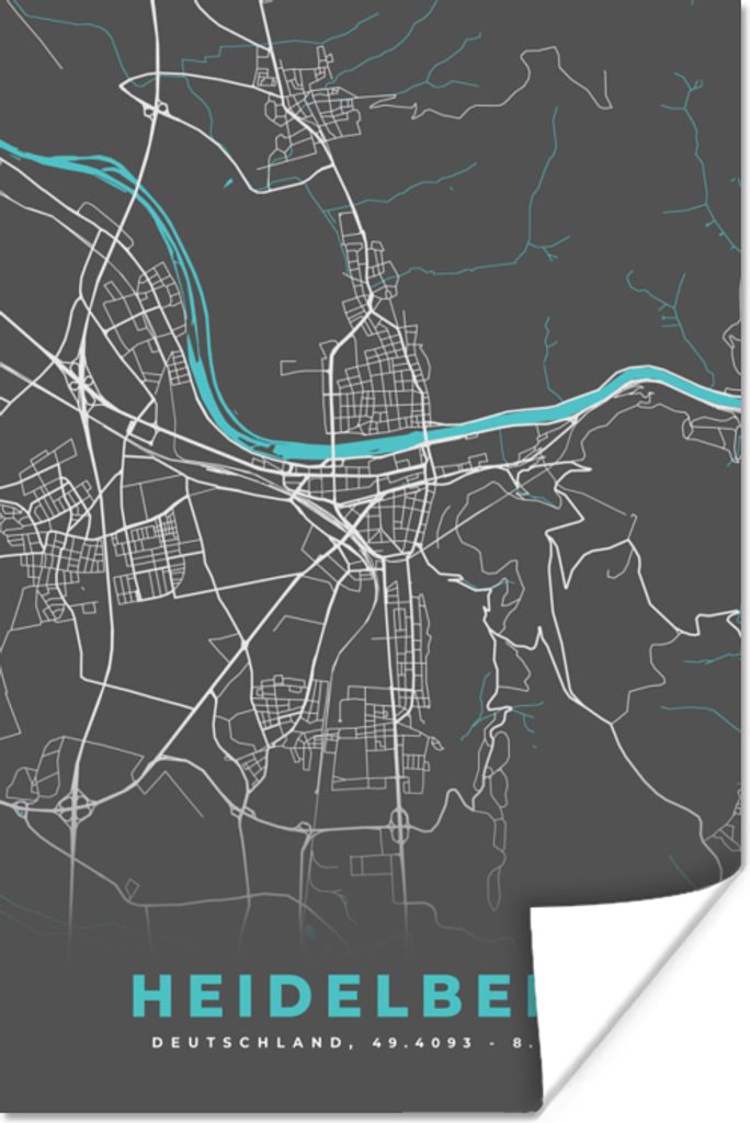 MuchoWow Poster Heidelberg - Stadtplan - Blau - Karte - Deutschland 120x180 cm - Kunstposter
