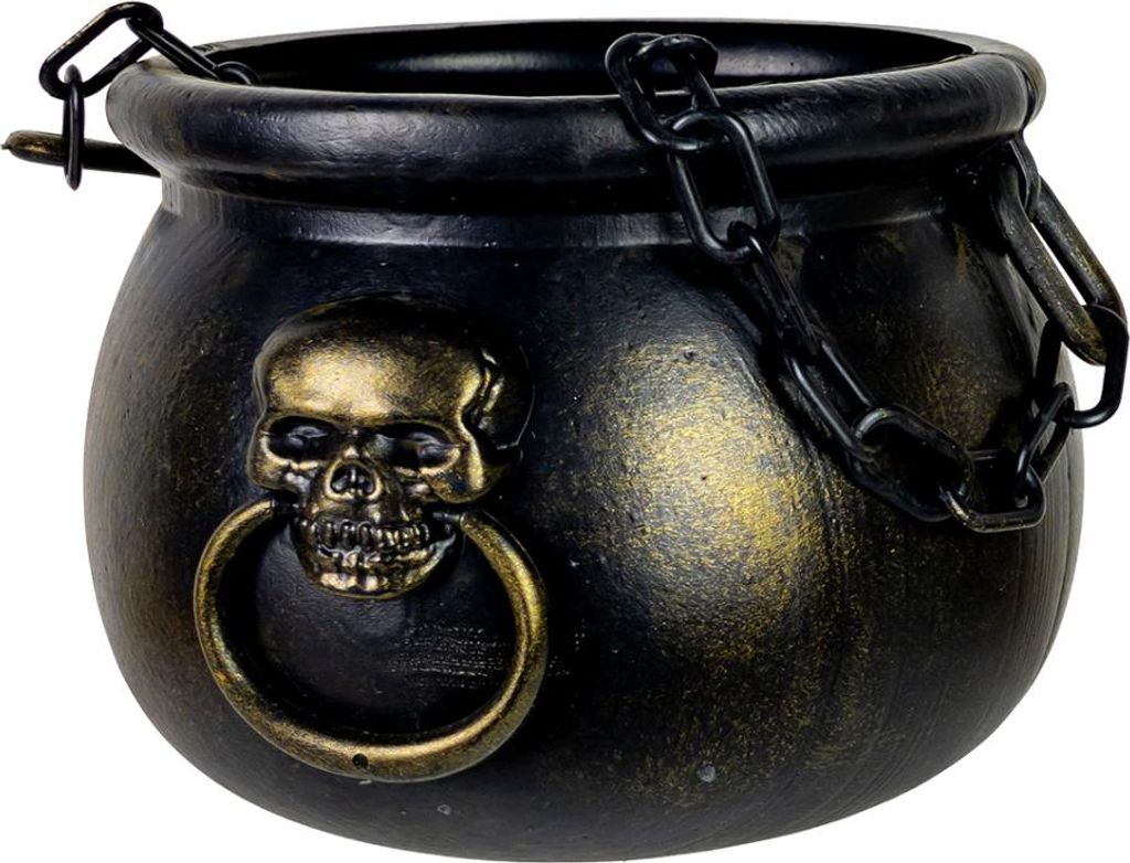 Schwarzer Hexenkessel mit Totenkopf und Kette als Henkel 14 cm