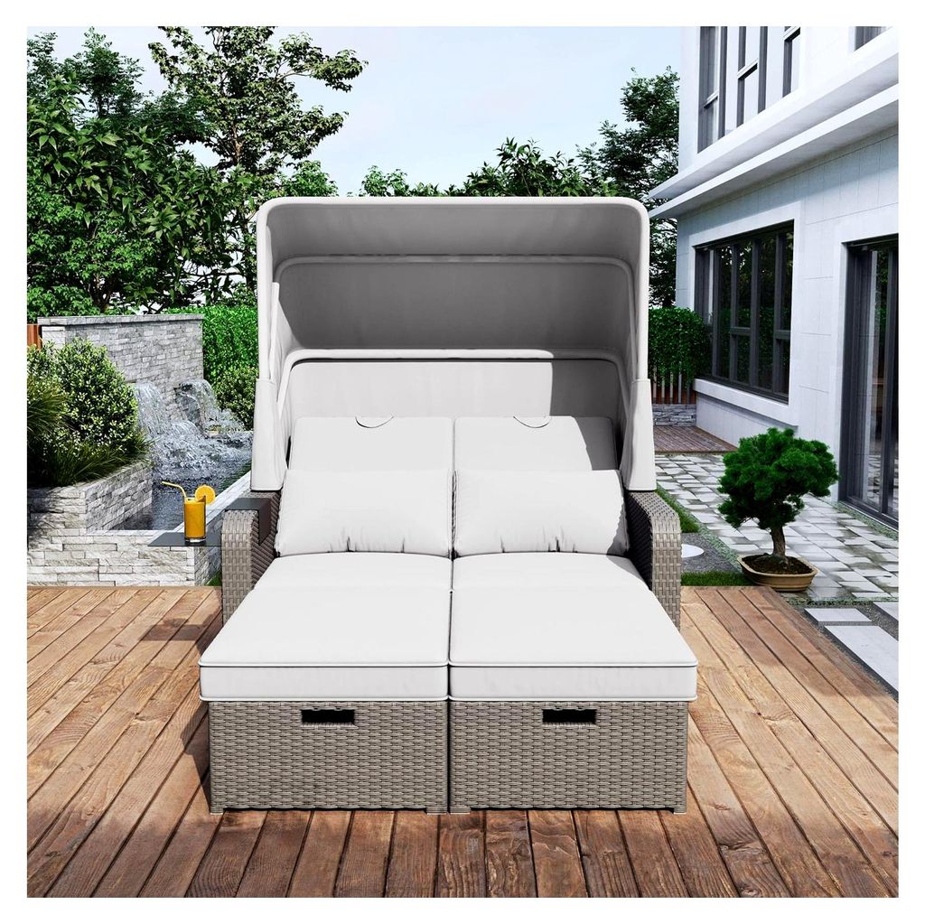 Gartenmöbel aus Polyrattan für 2 Personen, Gartensofa mit abnehmbarer Markise, Polyrattan und Schwamm (Khaki)