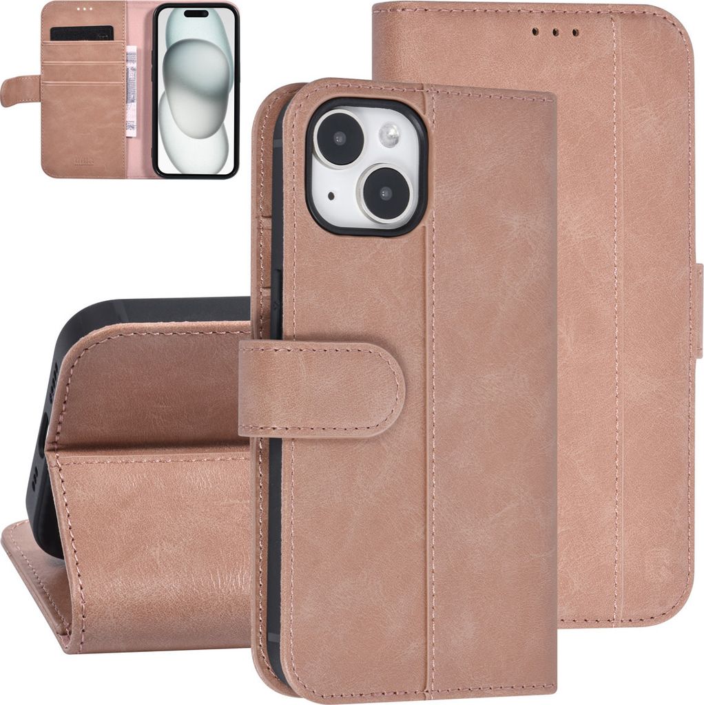 UNIQ Accessory iPhone 15 Book type case - Card holder for 3 cards - Magnetic closure - Rose Gold