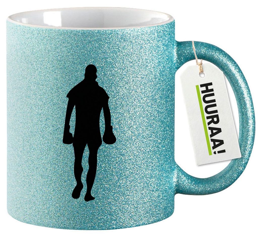 Huuraa Glitzertasse Boxer Silhouette 330ml Blau Keramik Kaffeebecher Geschenkidee