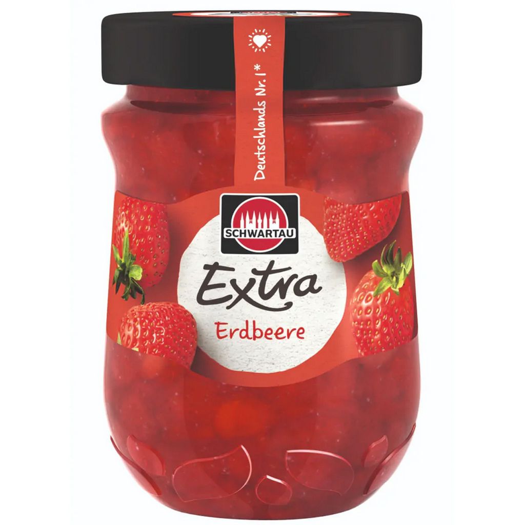 A jar of strawberry jam on a white background.