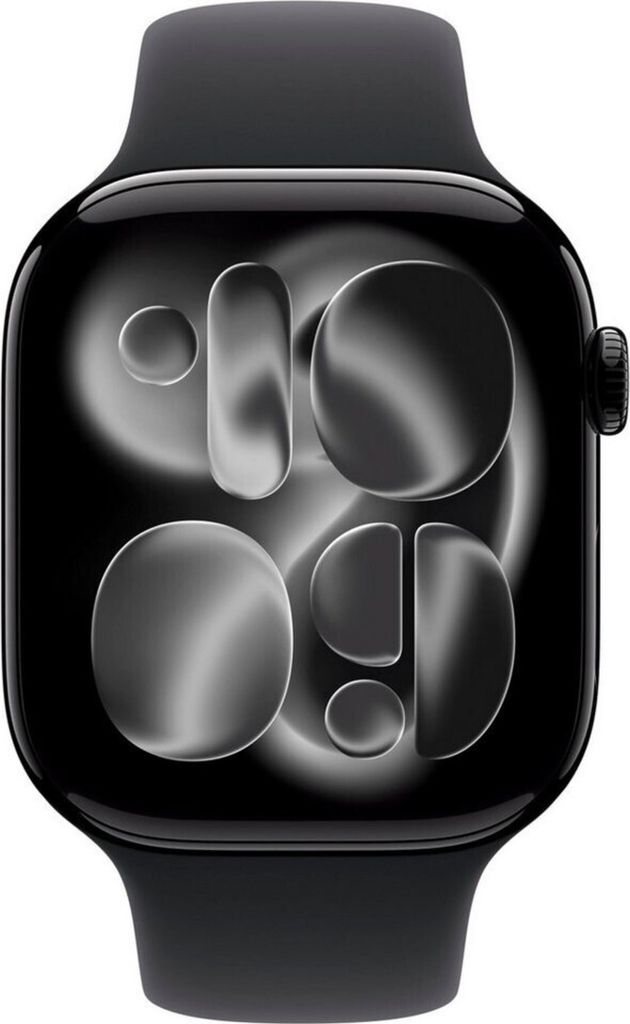 A close-up shot of an Apple Watch with a black band and a black watch face displaying a dynamic, abstract watch face.