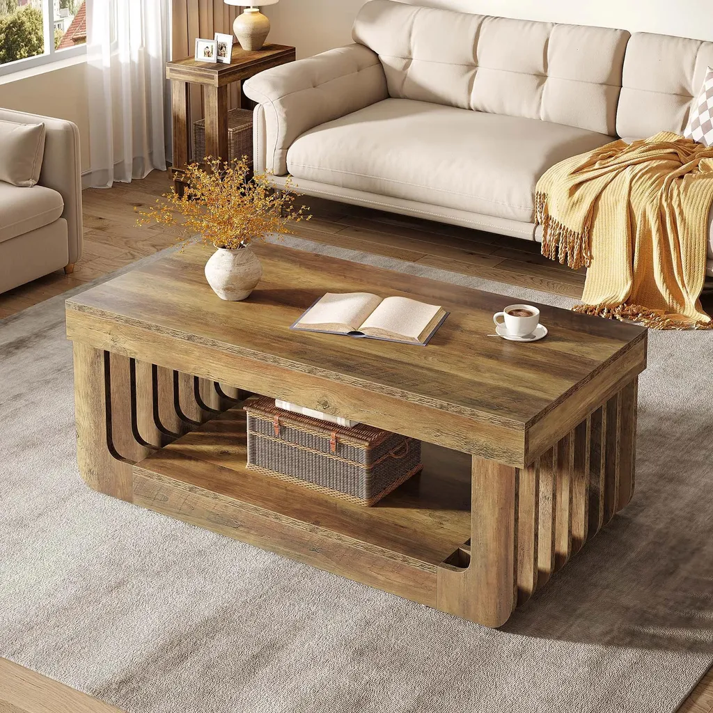 Table basse bois MDF 2 niveaux brun rustique grand format 120x60 cm - 5