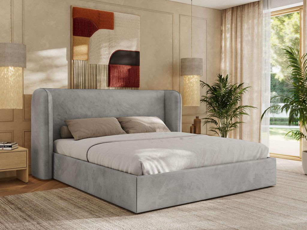 MKS MEBLE Doppelbett Polsterbett EMORA CLASSIC Bett Holzgestell hohes Kopfteil Foam Matratze MIRO LUX 160x200 Hellgrau Velvet