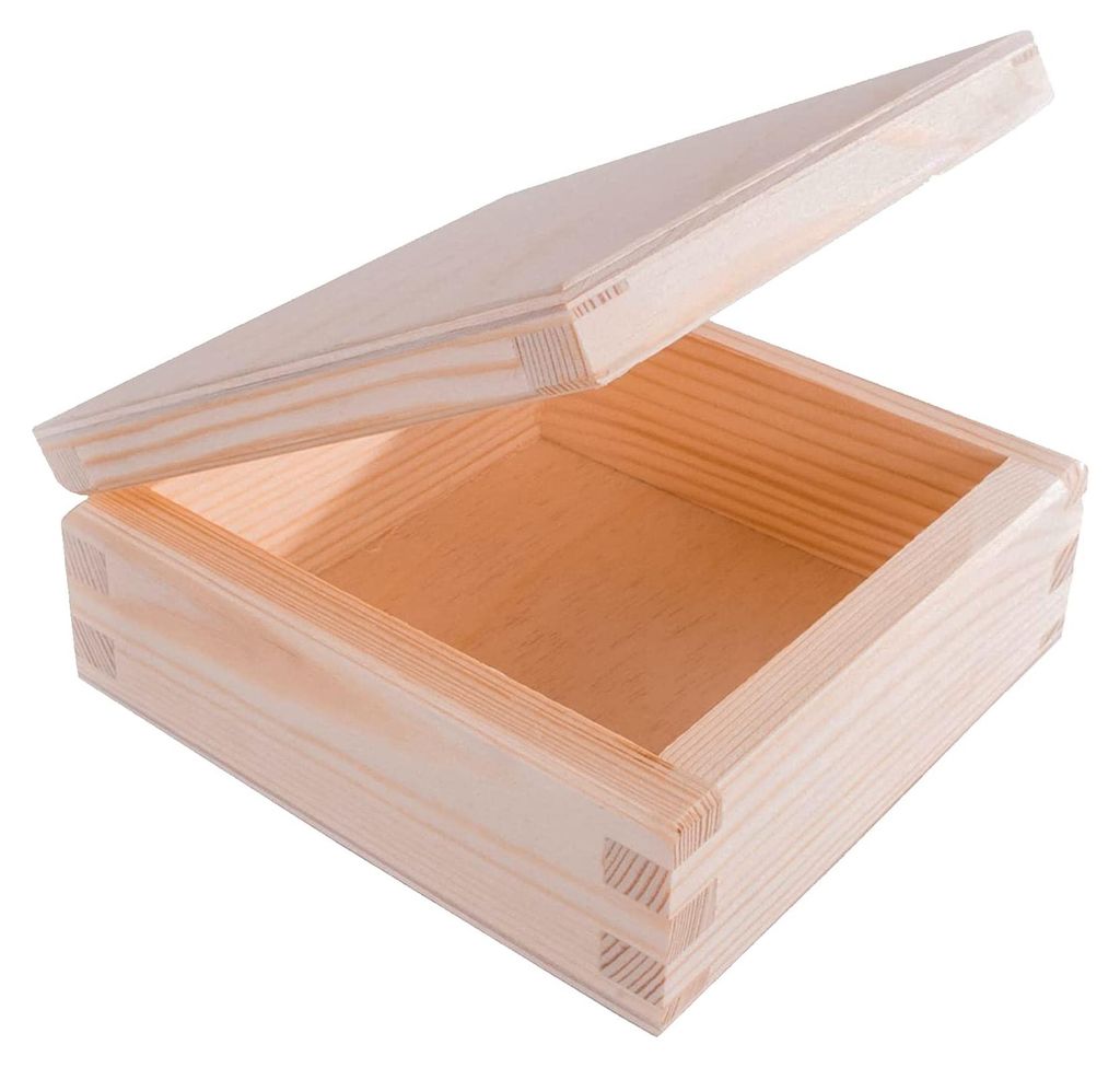 Holzkiste 15 x 15 x 5,5 cm mit Deckel, Aufbewahrungsbox, Deko-Holzkiste, Naturholzkiste, Aufbewahrungsbox, Bastel- und Geschenkbox, Schmuckkästchen
