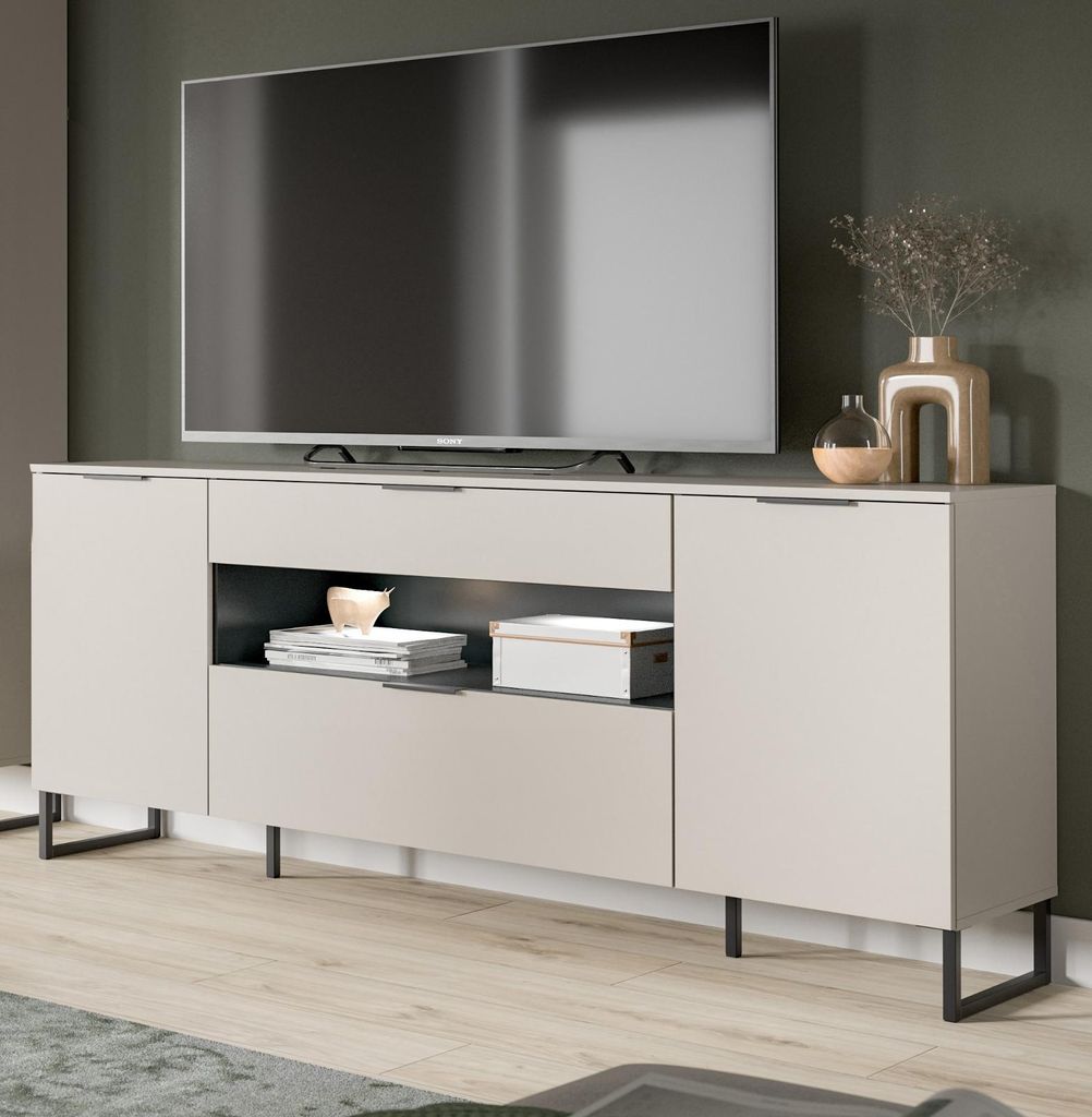 Lowboard "Morena" Kaschmir Schwarz, Flat-TV Unterschrank 185 x 80 cm Soft-Close