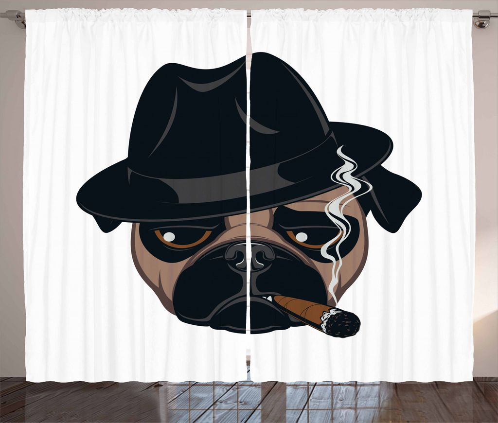 ABAKUHAUS Zigarre Rustikaler Vorhang, Cartoon Kühle Mops-Hund Portrait, Wohnzimmer Universalband Gardinen mit Schlaufen und Haken, 280 x 225 cm, B...