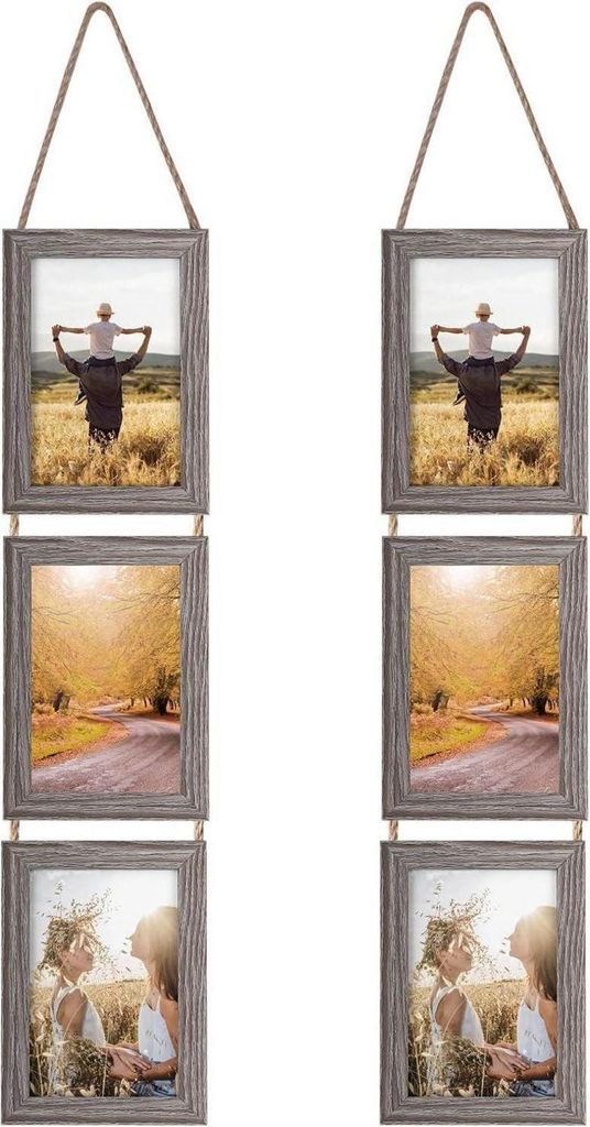 Two vertical photo frame arrangements hanging against a white background.