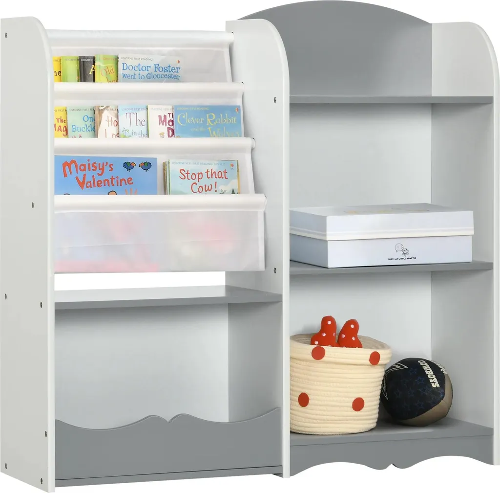 Bibliothèque enfant et rangement jouets 85x26x84 cm en MDF et Pin Gris