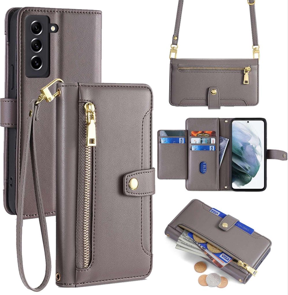 Handykette Samsung Hülle mit Band Handyhülle Kartenfächer Kunstleder Umhängetasche Galaxy S21 FE Grau