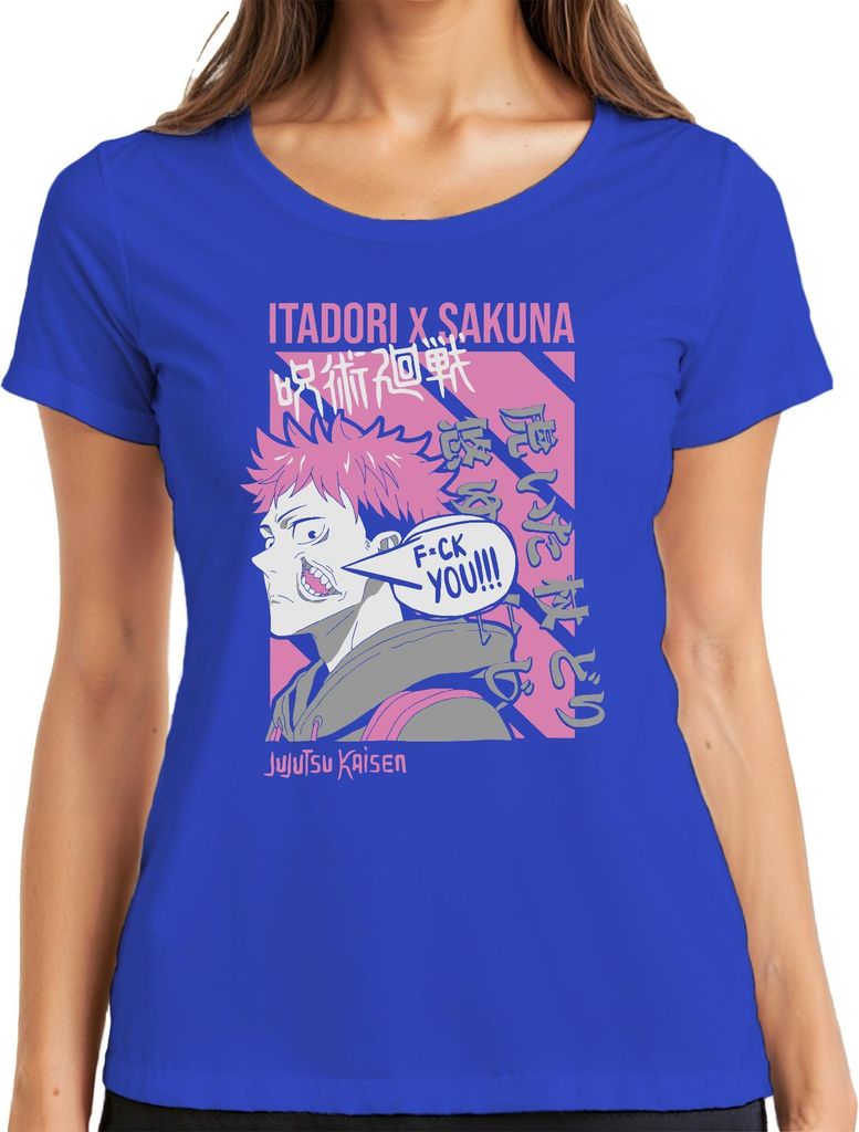 FUCK YOU Jujutsu Kaisen Itadori Yuji Sakuna Anime Ästhetik Pink Damen T-Shirt, Blau, XL