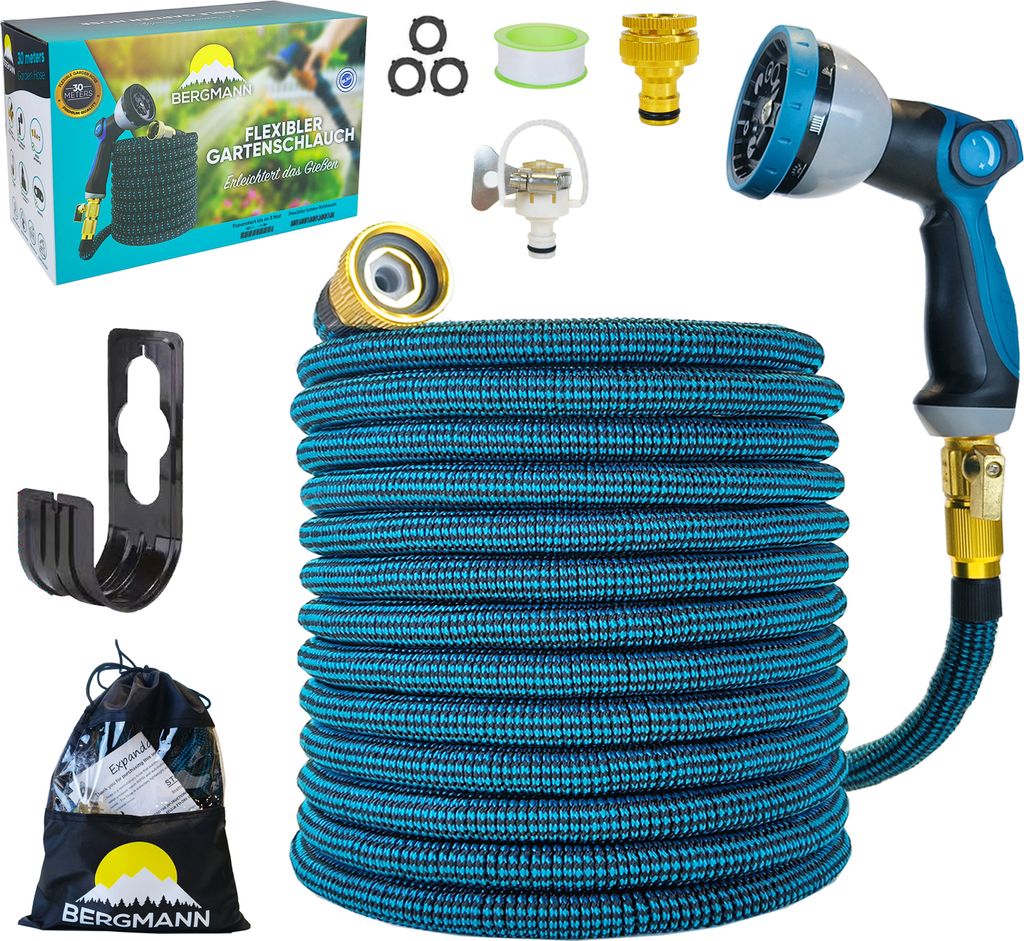 Bergmann Premium Gartenschlauch Flexible Blau 30m - Flexibler Schlauch mit 10 Funktion Spritze Flexschlauch mit Wandhalterung 3/4 1/2 Zoll Anschluss