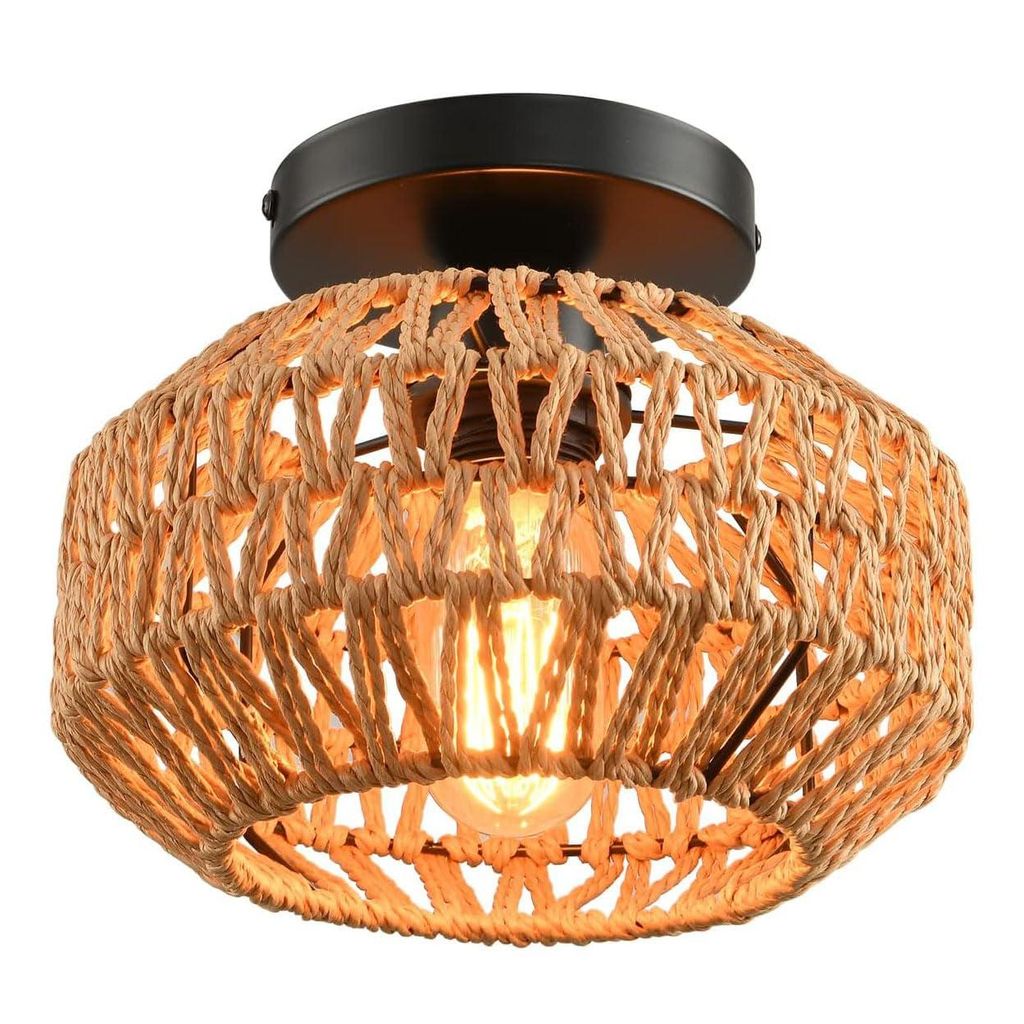 Deckenleuchte Rattan Deckenlampe Ø20cm Wohnzimmer Schlafzimmer, Boho Lampe Decke E27/E26 Hängend Bambus Korb Lampe Rattan Lampenschirm Küche Flur