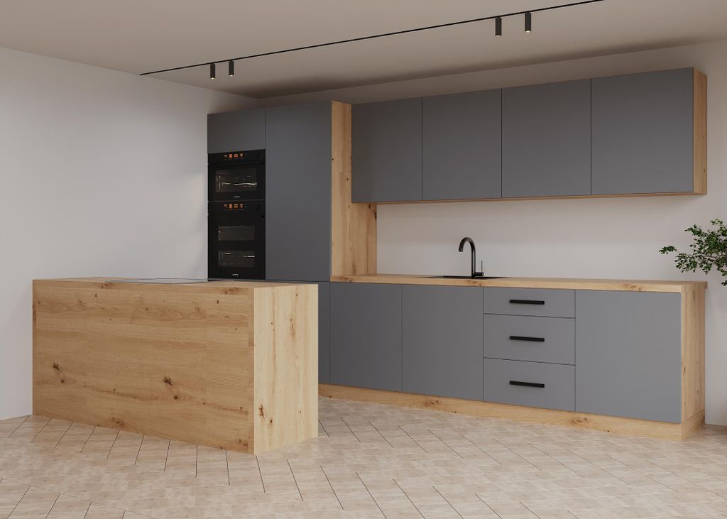 Küchenzeile 360 cm Küche Ohne Arbeitsplatte Küchenblock Ohne E-Geräten , Langen K104-M360 – Beige/Matt