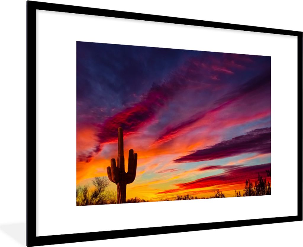 MuchoWow Gerahmtes Poster Kaktus - Himmel - Sonnenuntergang - Lila - Rosa 90x60 cm - Poster mit Schwarzem Bilderrahmen Wandposter Rahmen Foto Bil...