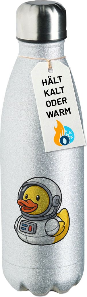 Huuraa Trinkflasche Quietscheente Astronaut Gummiente Raumfahrer 500ml Silver Edelstahl Wasserflasche Trinkflasche Geschenkidee