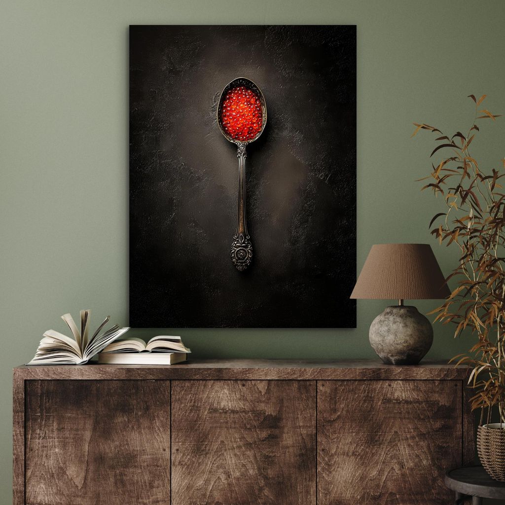 MuchoWow Wanddekoration Metall Metallbild Wandkunst 60x80 cm Schwarz - Löffel - Kaviar MuchoWow Aluminium Gemälde - Wanddekoration Metall