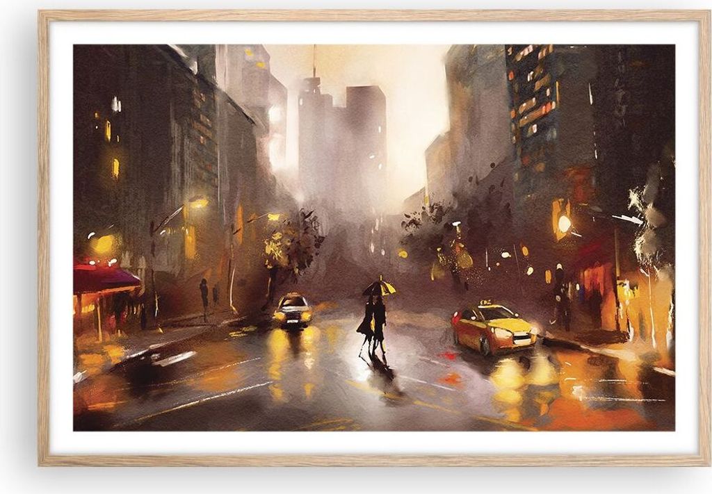 Gerahmtes Poster - Rahmen in heller Eiche - Manhattan Paar Straße - 91,5x61 cm - Wand Bild - Wanddeko - Wandbilder - Wandposter - Bilderrahmen - B...
