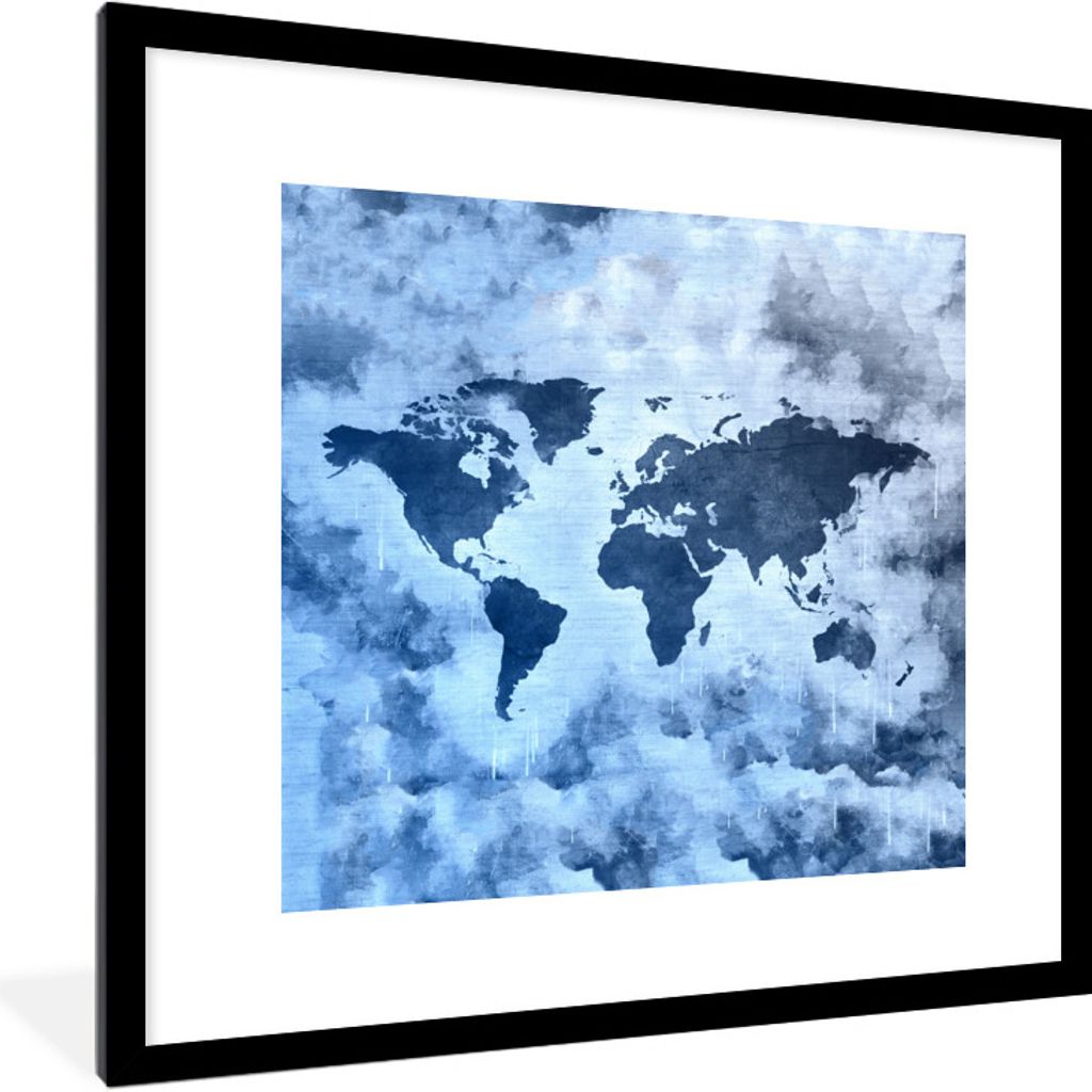 MuchoWow MuchoWow Gerahmtes Poster Weltkarte - Blau - Farbe 40x40 cm - Poster mit zchwarzem Bilderrahmen - Poster - Plakat im Rahmen