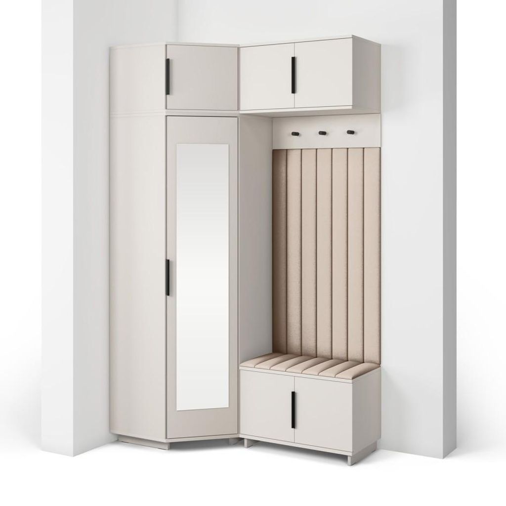 Garderoben-Set Napoli Version 23: Eckschrank mit Polsterpaneelen, Schuhschrank und Schrankaufsatz Flur und Eingangsbereich (Cashmere/Trinity 02)