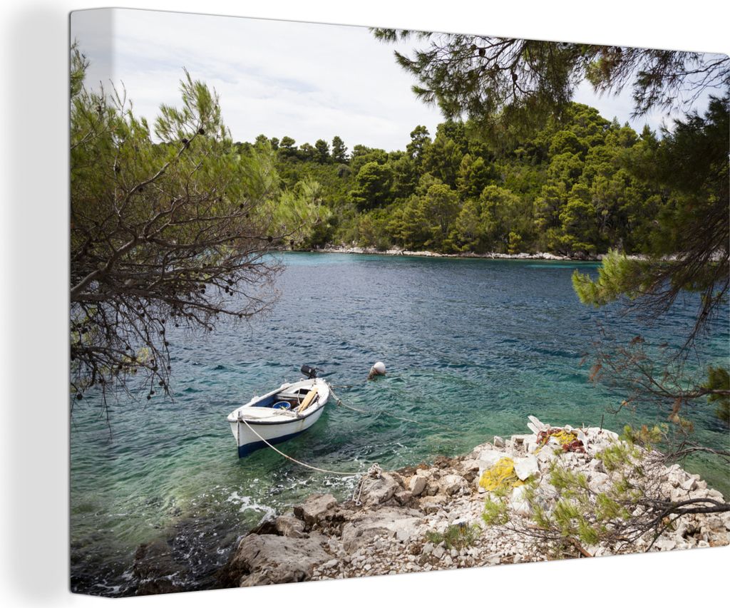 OneMillionCanvasses - Leinwandbilder - 140x90 cm, Ein Fischerboot schwimmt im Türkis des Nationalparks Mljet, Wandbilder Kunstdruck Wanddekorati...