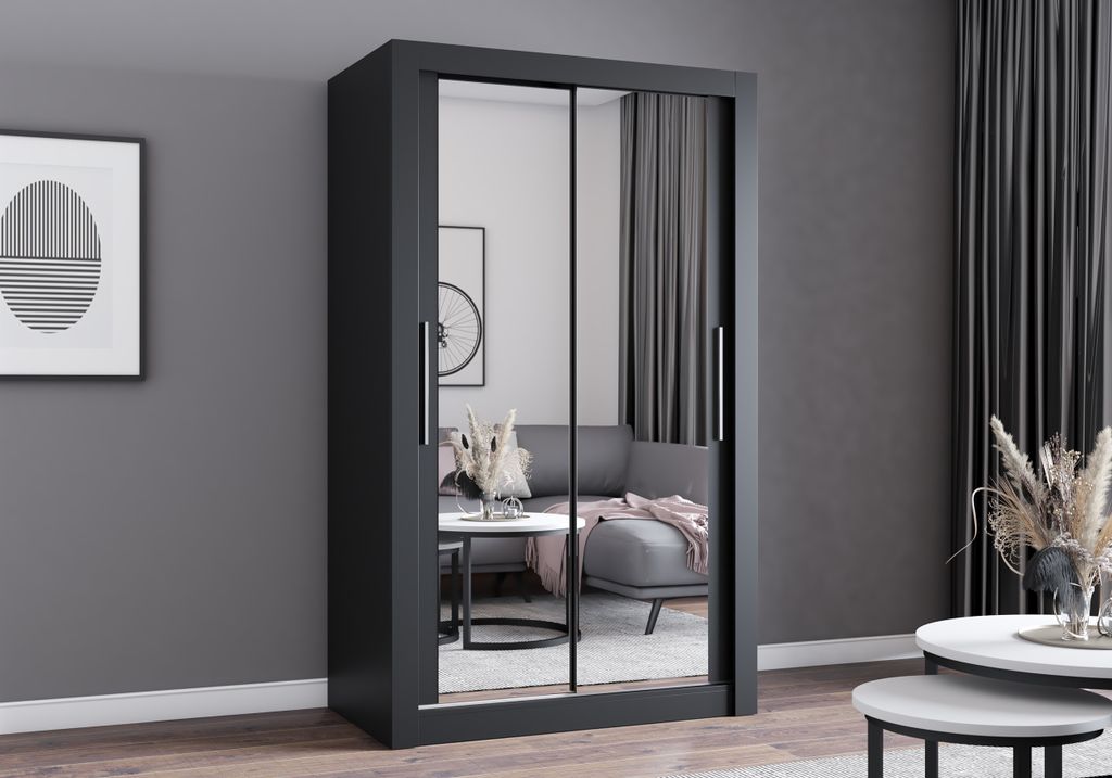 Easy4You MN Schwarz Schiebetürenschrank Kleiderschrank 120x215x64 cm mit Spiegel - Schlafzimmermöbel, Aufbewahrung – Mehrzweckschrank mit 2 Kle...