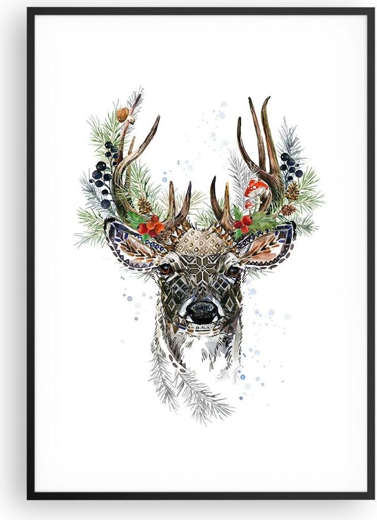 Gerahmtes Poster - Schwarzer Rahmen - Surrealismus Hirsch Boho - 70x100 cm - Wand Bild - Wanddeko - Wandbilder - Kunstposter - Wandposter - Bilderr...