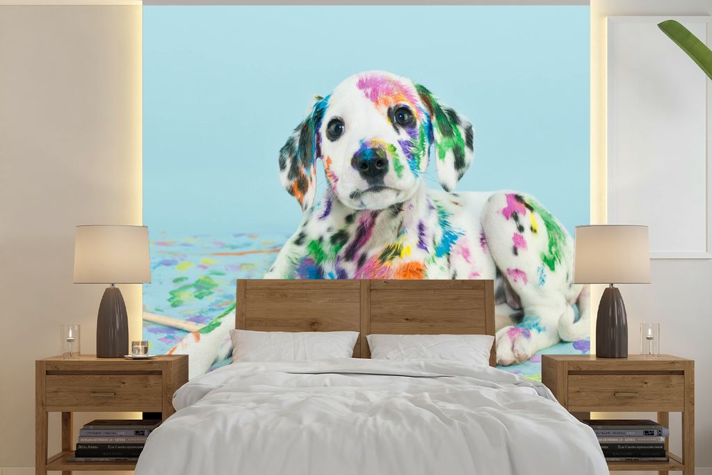 MuchoWow Fototapete für Wohnzimmer oder Schlafzimmer Wandtapete Vinyl Motivtapete Hund - Farbe - Blau - 280x280 cm - Hintergrundbild