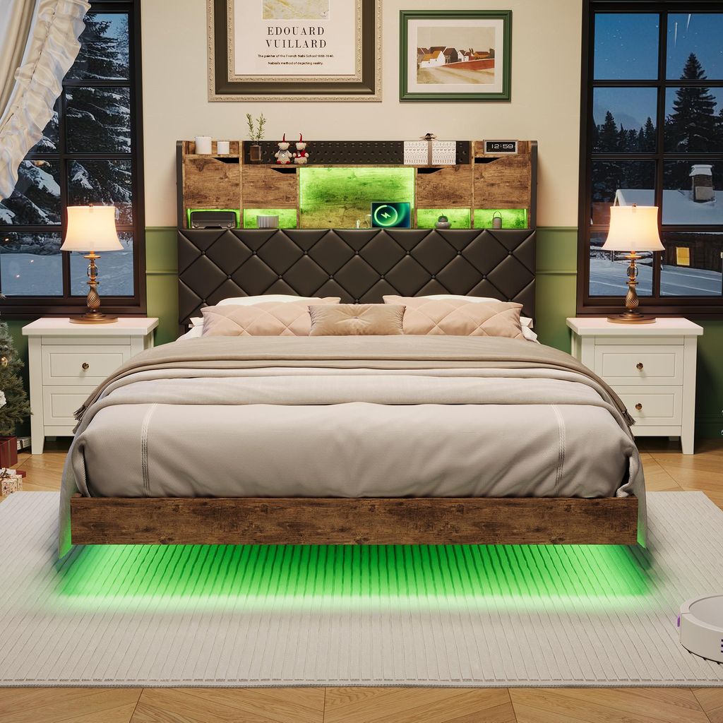 140 x 200 cm großes Massivholzbett, schwebendes Bett mit Kopfteil und verstecktem Stauraum, LED-Beleuchtung, Lattenrost, Natur