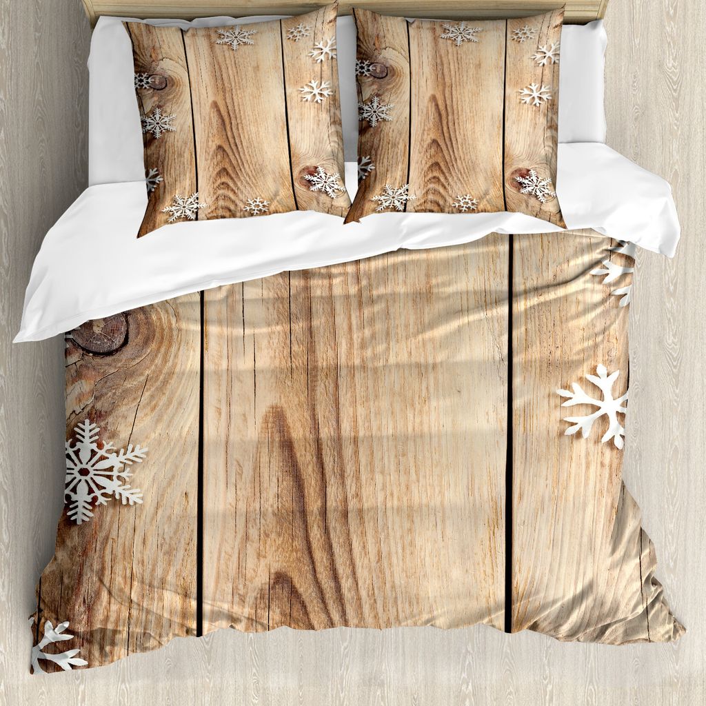 ABAKUHAUS Weihnachten Bettbezug, Holz Plank Schneeflocken, Milbensicher Allergiker geeignet mit Kissenbezügen, 200 cm x 200 cm - 80 x 80 cm, Braun...