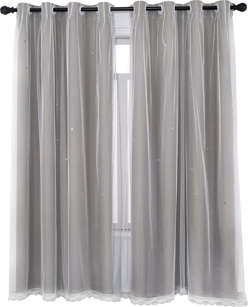 2 Stück Vorhang Blickdicht Gardinen Stern Doppelschicht Ösenvorhänge mit Voile für Schlafzimmer Wohnzimmer Kinderzimmer, Grau, B130xH160cm